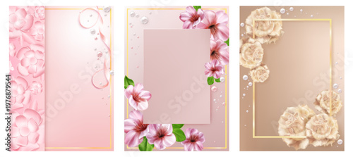 Mother Day card with delicate flower arrangements and pink floral patterns on soft spring background. Elegant poster design with botanical bouquet, ribbon accents and vintage frame for greeting gift.