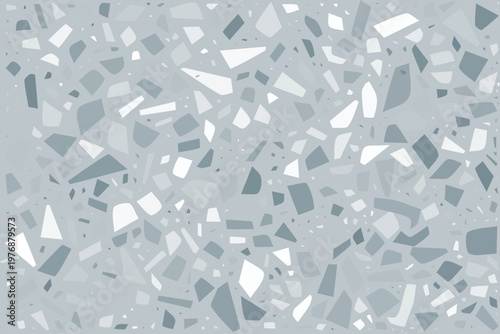 Terrazzo pattern with marble chips and stone fragments on grey background. Elegant terrazzo texture with blue, white and gray mosaic elements for modern interior floor and wall design.