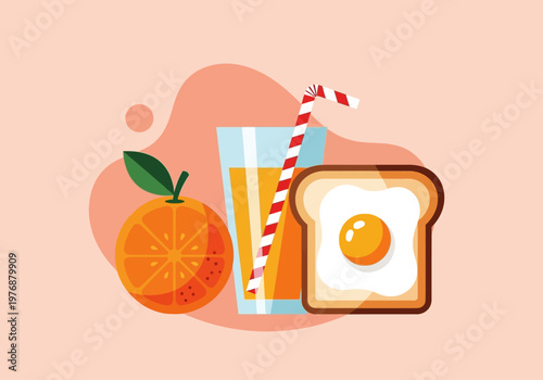 Flat Vector Illustration of Healthy Breakfast with Orange Juice and Fried Egg on Toast