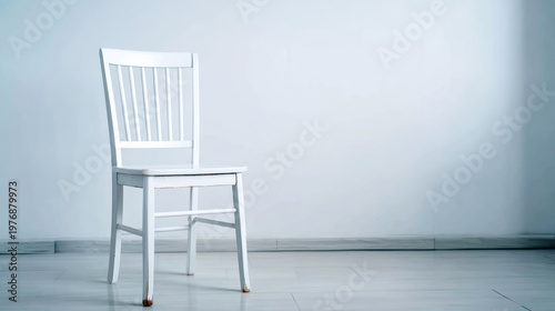 White wooden chair standing alone in a minimalist empty room with clean wall and floor, providing copy space