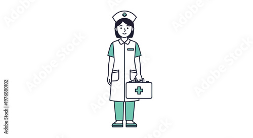 Female nurse in green uniform holding medical bag with cross symbol standing ready for healthcare service