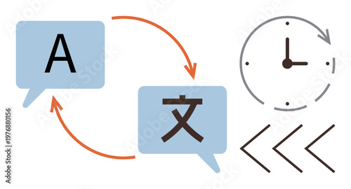 Language services, communication tools, global translation, linguistic exchange, real-time translation, digital tools. Speech bubbles, arrows clock and playback icons. Language services