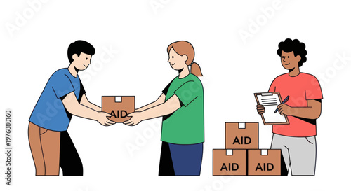 People handing over aid boxes to each other with a stack in the background for humanitarian help