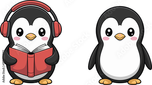 Cute baby penguin reading book with headphones and standing, flat vector illustration for kids nursery education