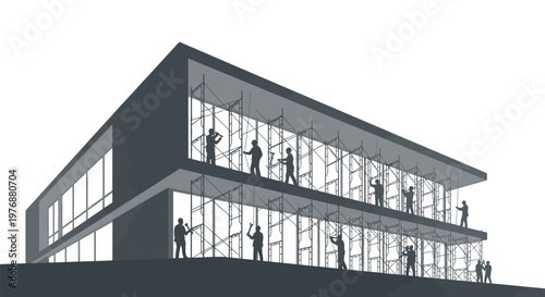 construction workers building a modern two-story building with scaffolding