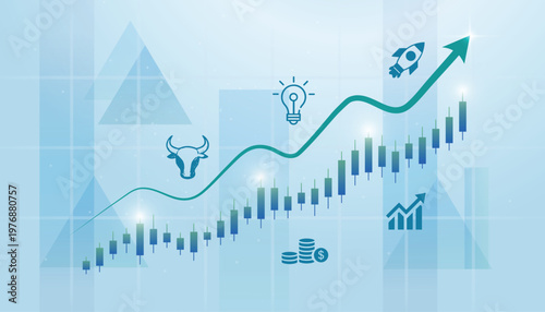 Clean light blue stock market financial growth chart with business icons vector, Corporate finance and startup success concept with upward trend line