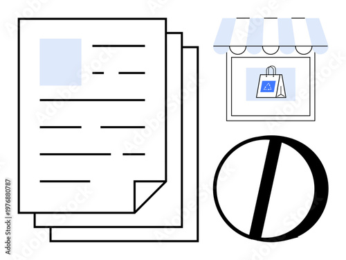 Business regulations, licensing restrictions, compliance, retail policies, documentation, permissions. A stack of papers, a store and a prohibition sign . Licensing restrictions and compliance