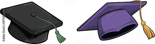 Black and purple graduation caps with tassels set, vector illustration for university degree and school ceremony