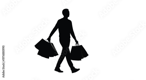 Man walking with multiple shopping bags in both hands on white background