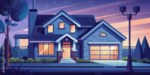 Security camera mounted on wall. Modern house exterior at twilight with warm lighting. Surveillance equipment offers property protection, safety. Smart home technology enhances residential security