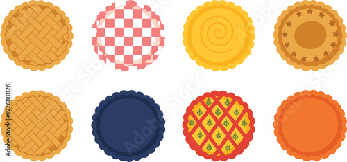 Vector illustration of assorted pies with different crust designs and colorful fillings