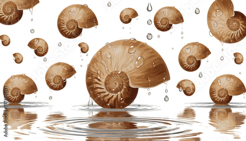 Vector illustration of surreal spiral shells floating with water droplets and reflections