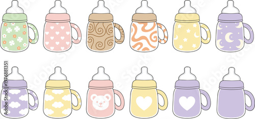 Vector illustration of colorful baby bottles with cute decorative patterns and pastel caps