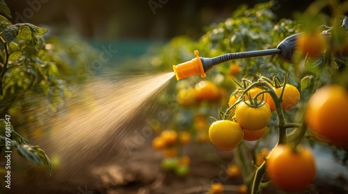 Precision agricultural applicator spraying liquid onto ripe tomatoes in a lush garden setting for optimal crop growth and protection.