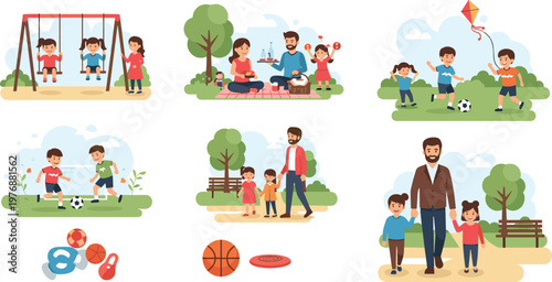 Family Outdoor Activities with Kids Playing, Sports, Swinging, and Enjoying Nature, Fun and Healthy Lifestyle Illustration