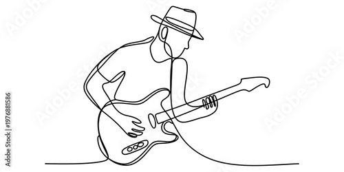 A minimalist single line drawing of a musician wearing a hat while playing an electric guitar