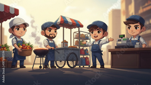Group of cartoon street food vendors working at an outdoor market
