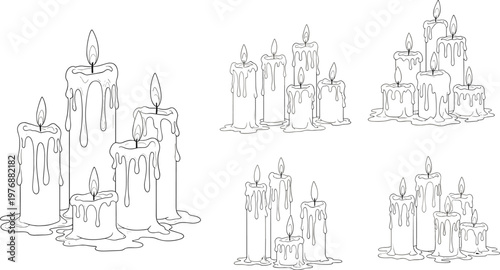 Melting Candles with Wax Drips, Candlelight and Soft Glow, Black and White Vector Illustration for Relaxation, Decor, and Lighting Designs