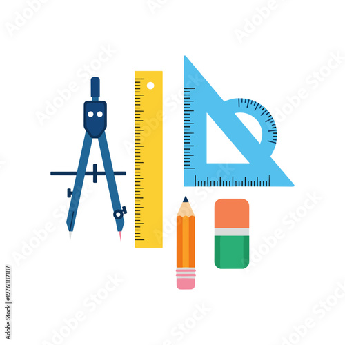 Geometry and drafting tools vector set with blue compass metal divider yellow ruler triangular square set protractor orange pencil and eraser for architectural drawing and school math lessons.