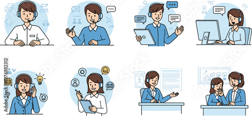 Customer Support and Service Representatives, Call Center Agents, Communication and Assistance Vector Illustration for Business and Support Design