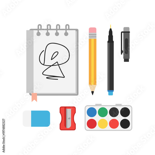 Artistic stationery kit vector graphic including spiral sketchbook with pencil drawing felt tip pen graphite pencil sharpener eraser and watercolor paint set for desktop creative workflow design.