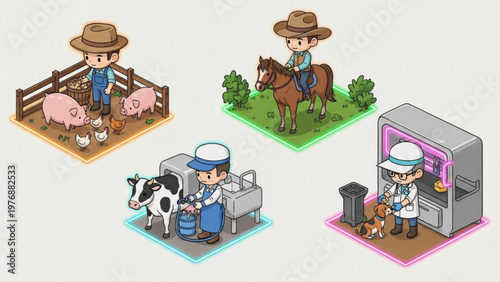 Isometric Farm and Veterinary Care Icons with Livestock and Farmer Characters