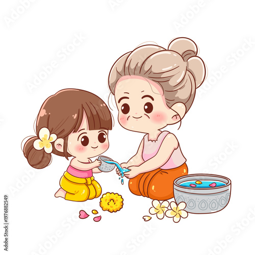 Cute little girl pouring scented water on grandmothers hands for Songkran festival celebration in Thai traditional costume cartoon vector