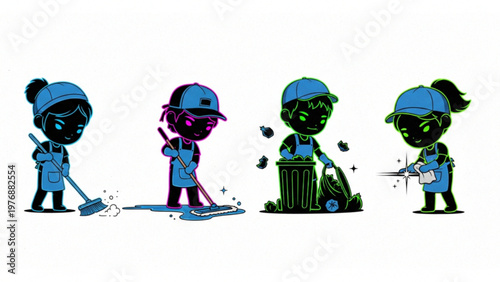 Professional Cleaning Service Team Cartoon Characters Neon Style Icons