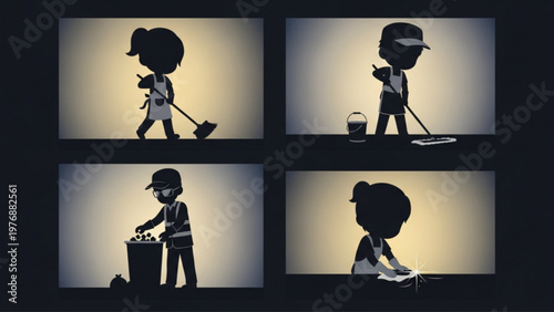 Professional Cleaning Service Team Cartoon Characters Neon Style Icons