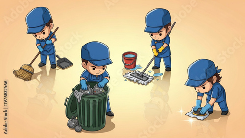 Cute Cartoon Professional Cleaners and Janitors Staff Set Illustration