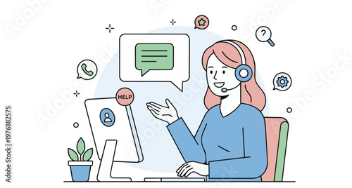 A woman customer support service agent with a headset in a call center ready to help