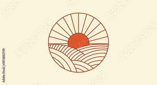 Foto Sunrise over rolling hills with circular design and lines