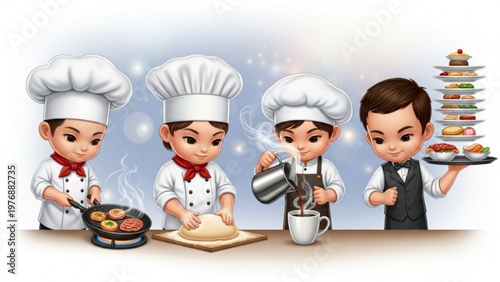Cute Cartoon Restaurant Staff Set: Chefs, Baker, Barista and Waiter Characters
