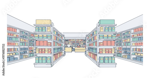 A modern store interior inside aisle view of a retail supermarket shelf