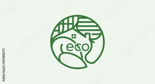 A green eco logo with a house and leaf is displayed on a light green background