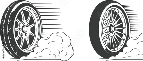 Fast spinning car wheel with burnout smoke trail, vector illustration for racing speed and automotive performance