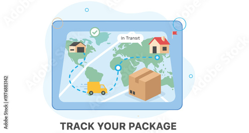 A track package map showing a global logistic route for shipping tracking delivery
