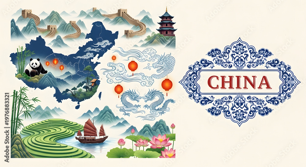 Naklejka premium China Map Typography Illustration with Great Wall Panda Pagoda and Traditional Chinese Culture
