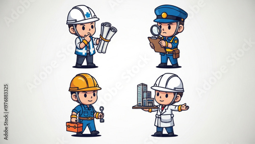 Cartoon Profession Characters Set: Architect, Police and Builder