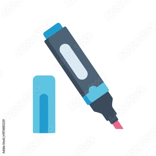 Pink marker vector illustration with blue accents and separate cap for stationary office supplies and school education graphics isolated on white background flat design drawing tool clipart element.