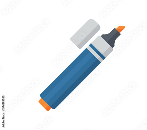 Orange highlighter vector illustration with open cap and felt tip for business office supplies and student school stationary graphics isolated on white background professional drawing tool concept.