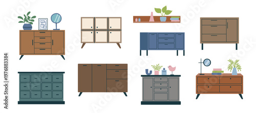 Collection of different chests isolated on white background1. Vector flat furniture cliparts. Concepts of home, interiors, furniture.