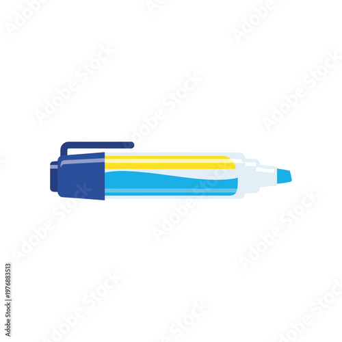 Dual color marker pen vector illustration with blue and yellow ink chamber for highlighting and drawing purposes isolated on white background as creative tool icon for students and artist supplies.