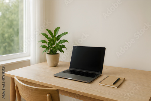 Принти на полотні A minimalist home office workspace featuring a modern laptop and a small potted plant on a desk