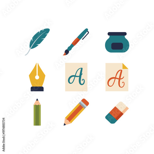 Set of writing and drawing tools with feather, paintbrush, ink pot, fountain pen nib, alphabet paper, green pencil, yellow pencil, and eraser, flat vector illustration on white background.