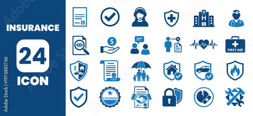 Collection of twenty four insurance icons in blue color