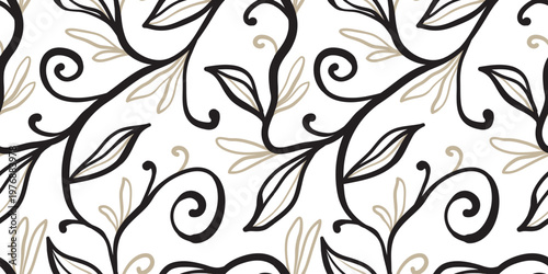 A simple abstract design featuring hand-drawn leaf outlines. A trendy black and white striped pattern. A fashionable template isolated on a white background for fabric design.