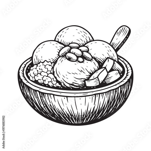 line art vector of Thai coconut ice cream served in a mini coconut shell with three scoops of ice cream, sticky rice, peanuts and shredded coconut as garnish
