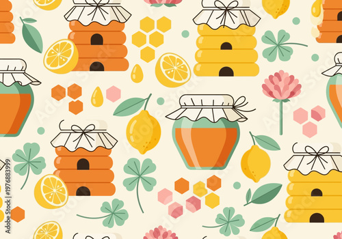 Seamless Pattern with Honey Pots, Beehives, Lemons and Honeycombs. Flat Vector Illustration for Organic Food Packaging and Textile Design.
