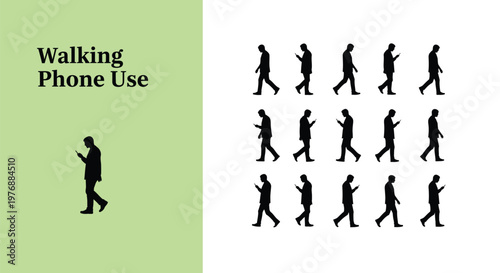 Modern vector illustration showcasing black silhouettes of individuals walking and intently using their mobile phones in various poses.